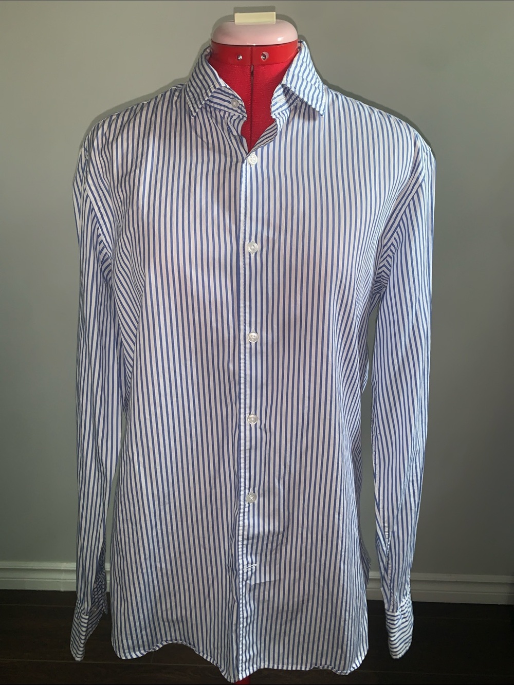 Massimo Dutti Blue and White Vertical Stripe Dress Shirt